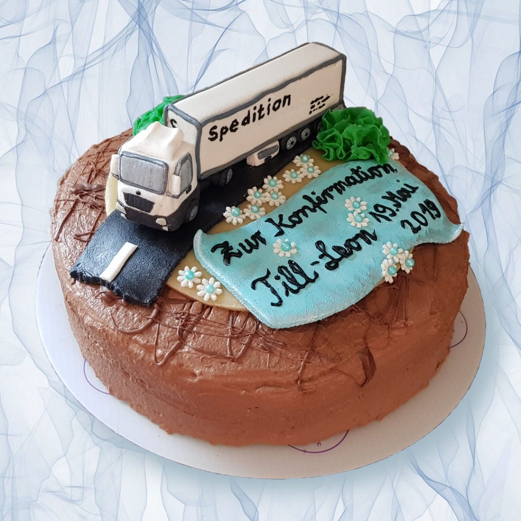 Konfirmationstorte mit Marzipandekoration LKW Straße und Text